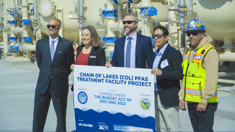 Chain of Lakes PFAS Treatment Facility Project representatives pictured left to right (Representative of Carollo, Zone 7 Water Agency General Manager Valerie Pryor, Matthew Bates, Ken Minn, Representative of Mountain Cascade,Inc.) 