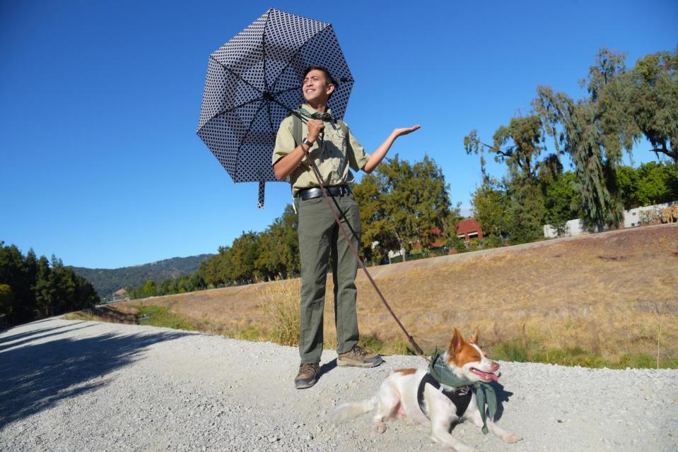 Flood Ready Freddy holding an open umbrella over his shoulder and a dog leash in his right hand. Medium white and brown dog laying on gravel road