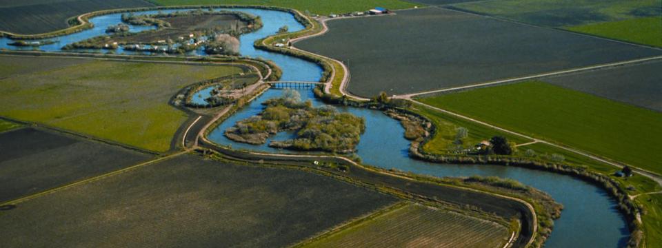 Aerial view of the Delta river, surrounded by green landscape