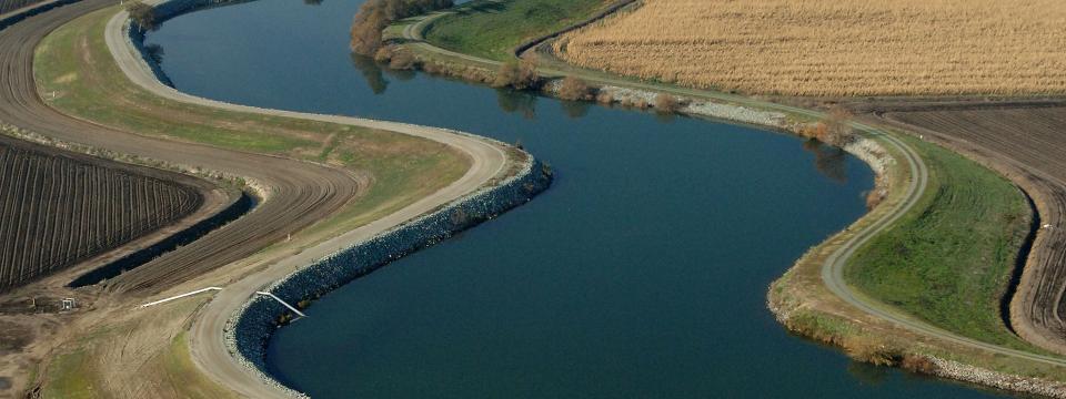 Aerial view of the Delta surrounded by brown and green landscape