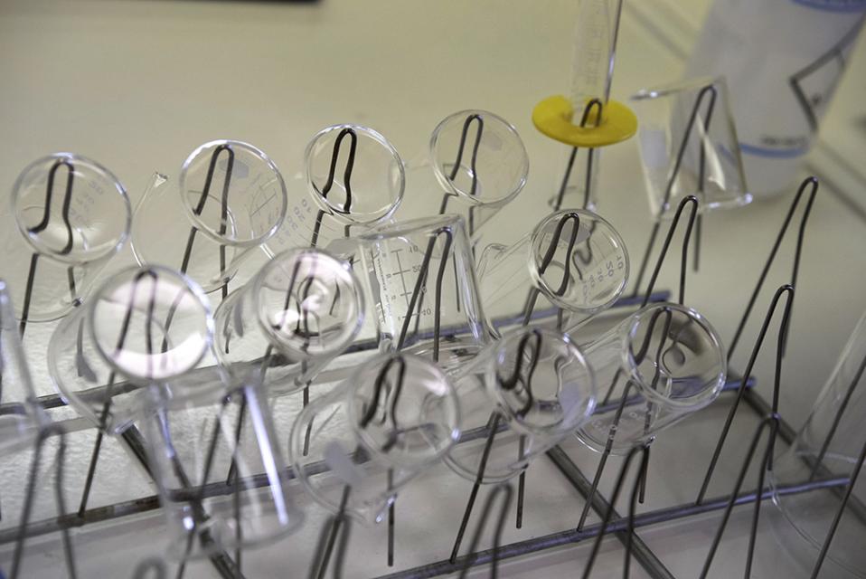 Various small lab beakers on wire drying rack.