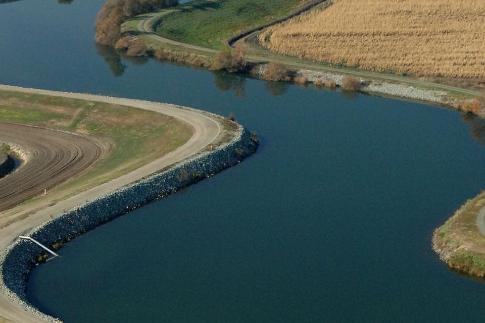 Aerial view of the Delta surrounded by brown and green landscape