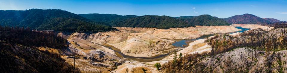 Panoramic view of Lake Oroville under 2021 drought conditions